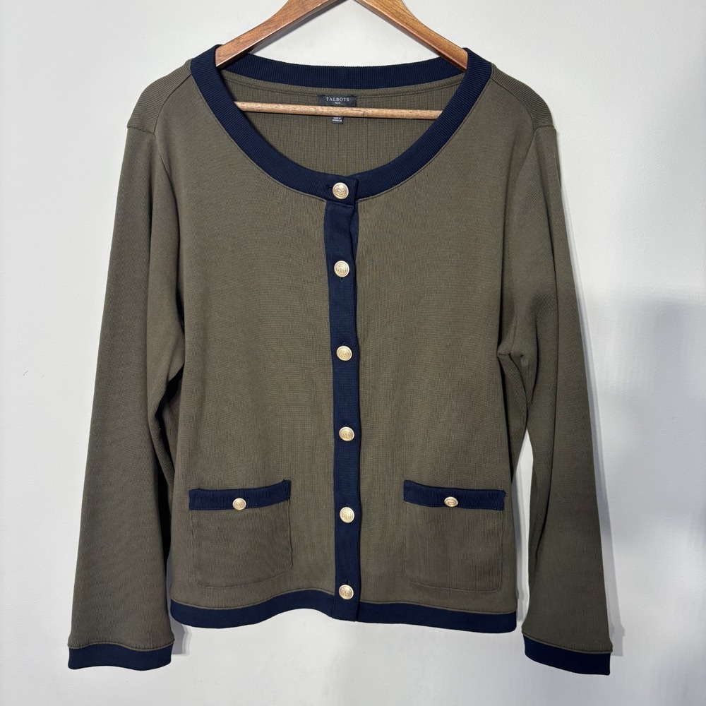 Talbots Plus Cardigan Sweater Womens 1X Green Navy Gold Button Up Cotton Ribbed